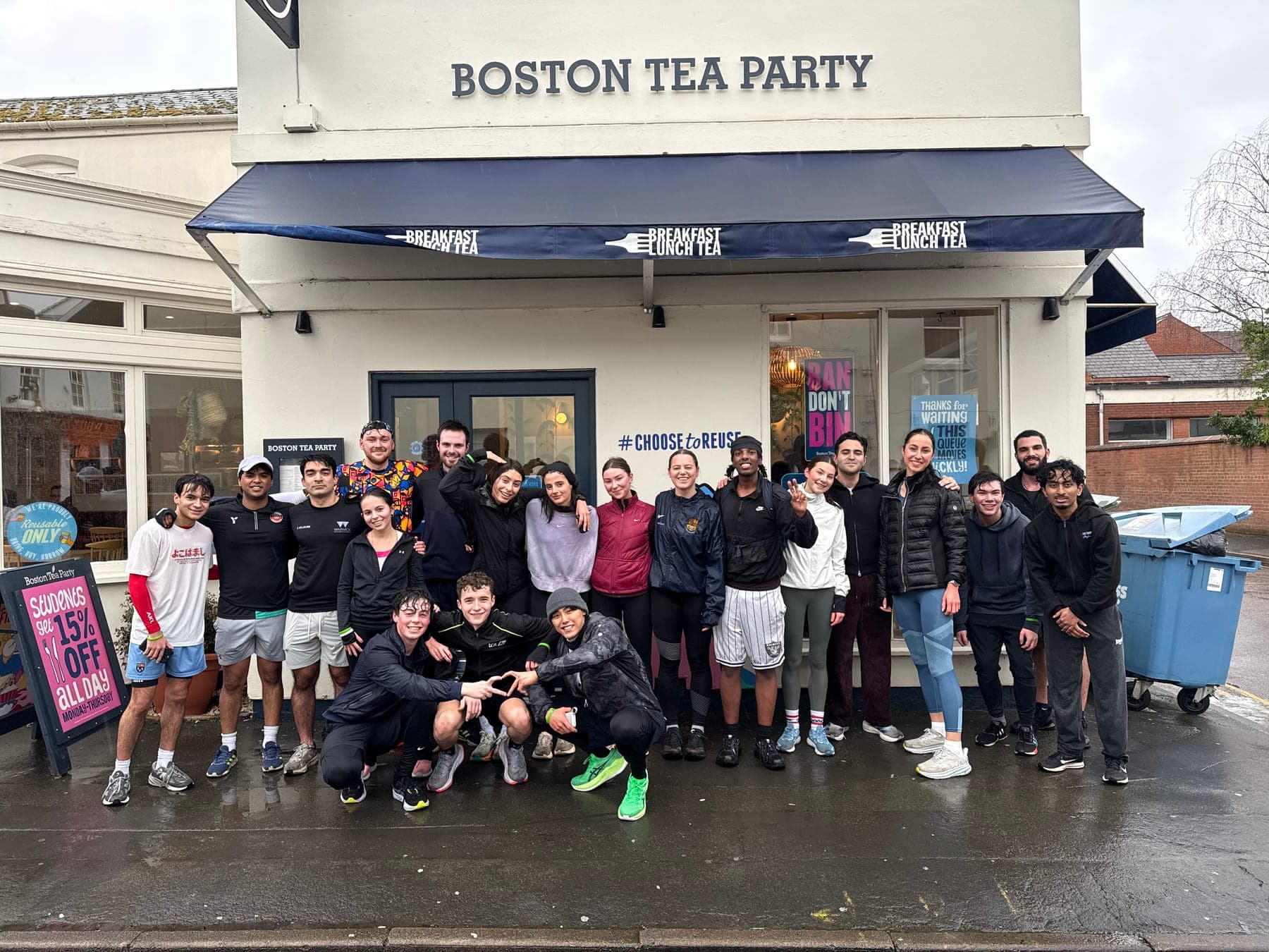Sunday Brunch Club runners outside Boston Tea Party in Leamington Spa after a wet Sunday run